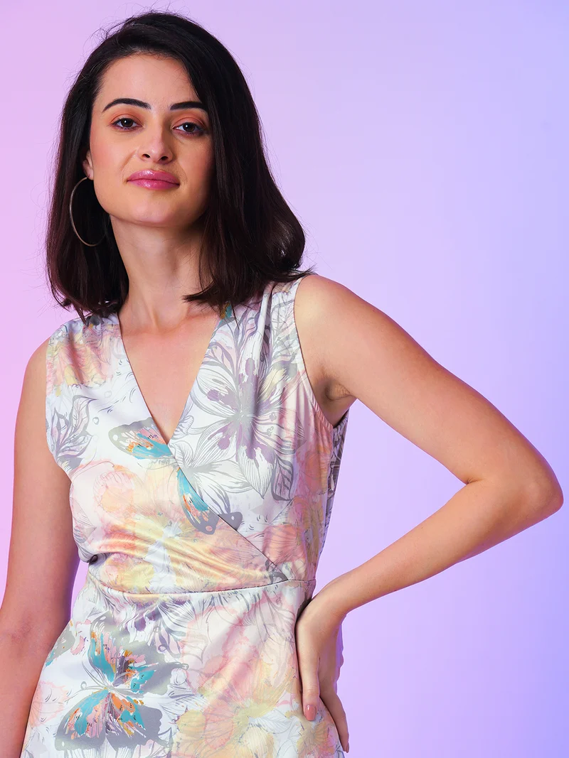 globus Women Cream-Coloured Floral Printed Cut-Outs Satin Wrap Maxi Dress