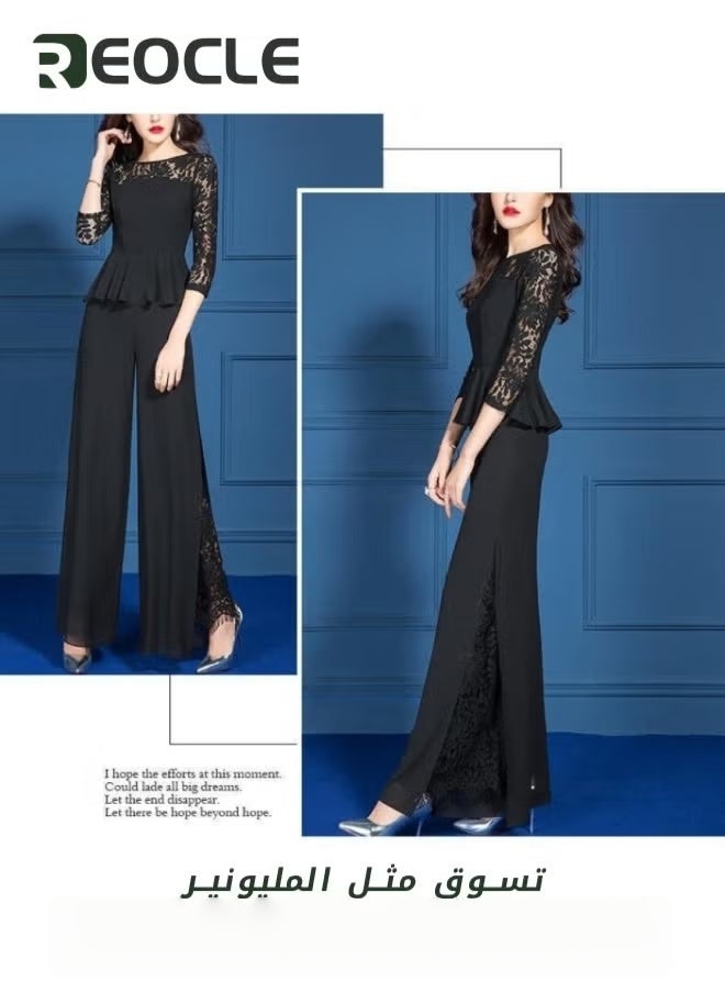 REOCLE Women's Lace Wide Leg Pant Suits Lace Long Sleeve Slim Top Elastic High Waist Stretchy Comfy Wide Leg Pant Plus Size Lace Pant Sets - Image 2