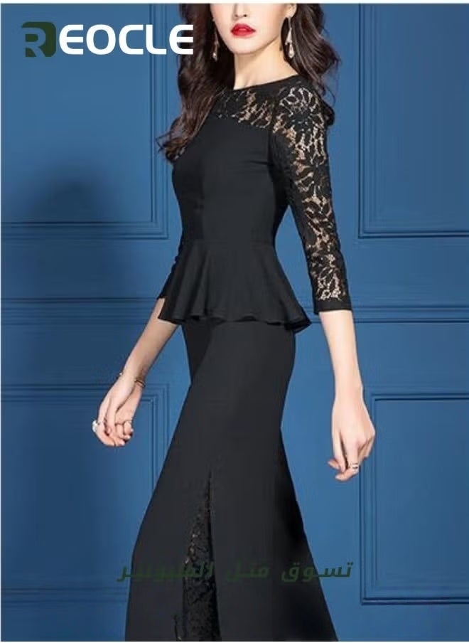 REOCLE Women's Lace Wide Leg Pant Suits Lace Long Sleeve Slim Top Elastic High Waist Stretchy Comfy Wide Leg Pant Plus Size Lace Pant Sets - Image 4