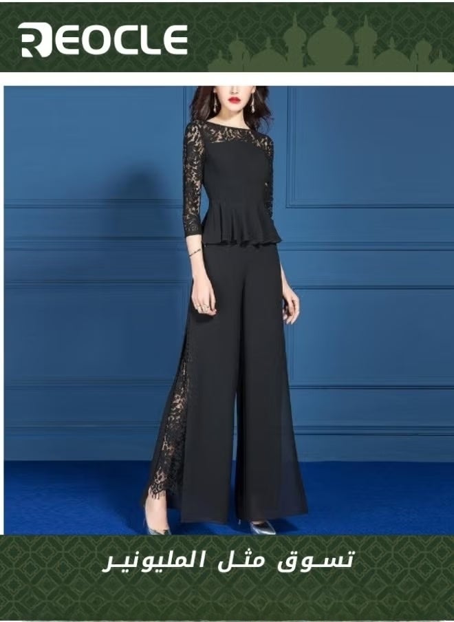 REOCLE Women's Lace Wide Leg Pant Suits Lace Long Sleeve Slim Top Elastic High Waist Stretchy Comfy Wide Leg Pant Plus Size Lace Pant Sets - Image 1