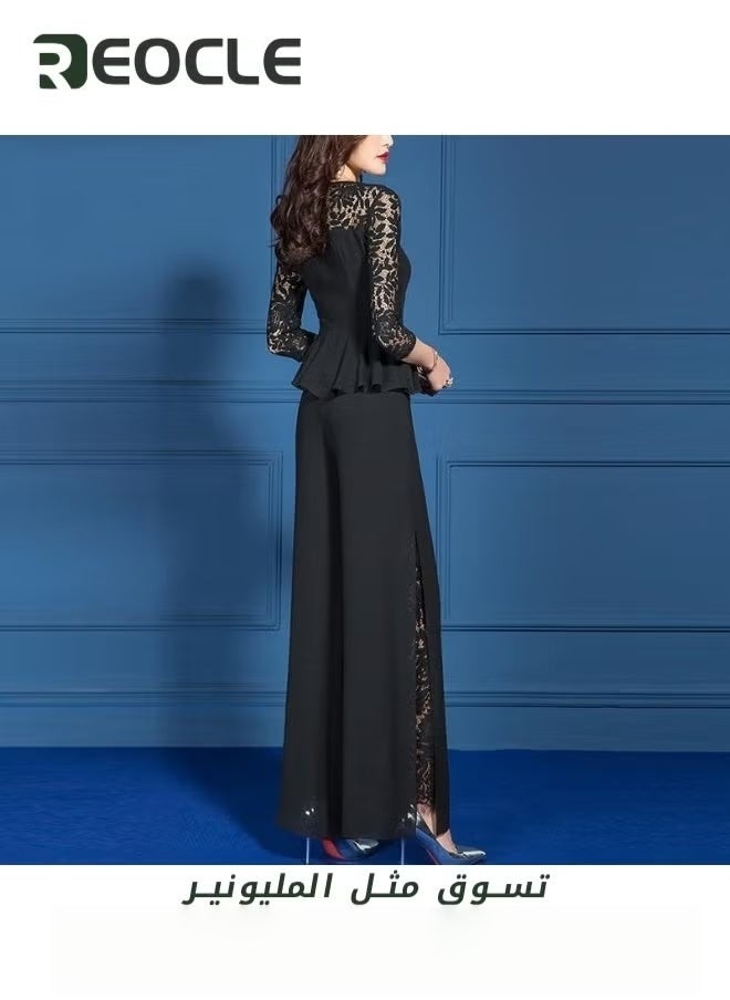 REOCLE Women's Lace Wide Leg Pant Suits Lace Long Sleeve Slim Top Elastic High Waist Stretchy Comfy Wide Leg Pant Plus Size Lace Pant Sets - Image 3