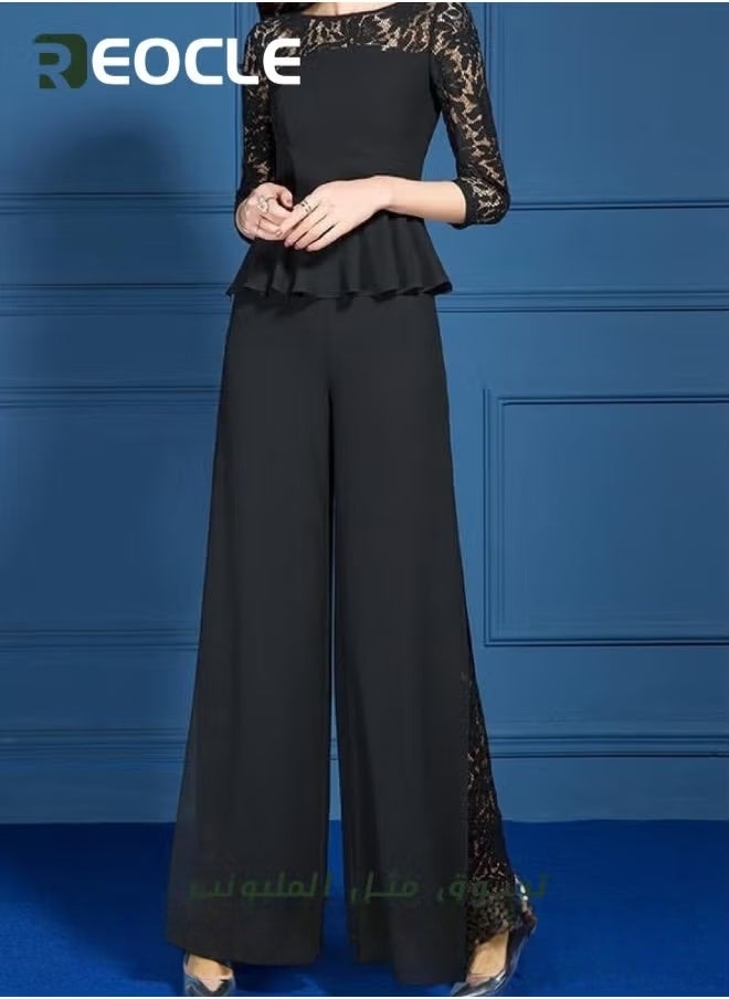 REOCLE Women's Lace Wide Leg Pant Suits Lace Long Sleeve Slim Top Elastic High Waist Stretchy Comfy Wide Leg Pant Plus Size Lace Pant Sets - Image 5