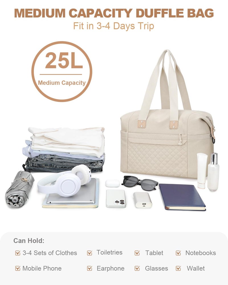 Pritent Travel Duffle Bag, Waterproof Weekender Overnight Hospital Bags for Women Men with Toiletry Bag Lightweight Personal Item Duffle Gym Bag for Travel, Airplanes, Sports(Corduroy Beige, M) - Image 4