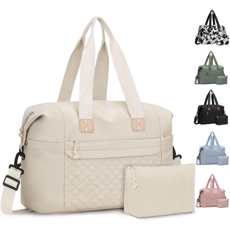 Pritent Travel Duffle Bag, Waterproof Weekender Overnight Hospital Bags for Women Men with Toiletry Bag Lightweight Personal Item Duffle Gym Bag for Travel, Airplanes, Sports(Corduroy Beige, M) - Image 1