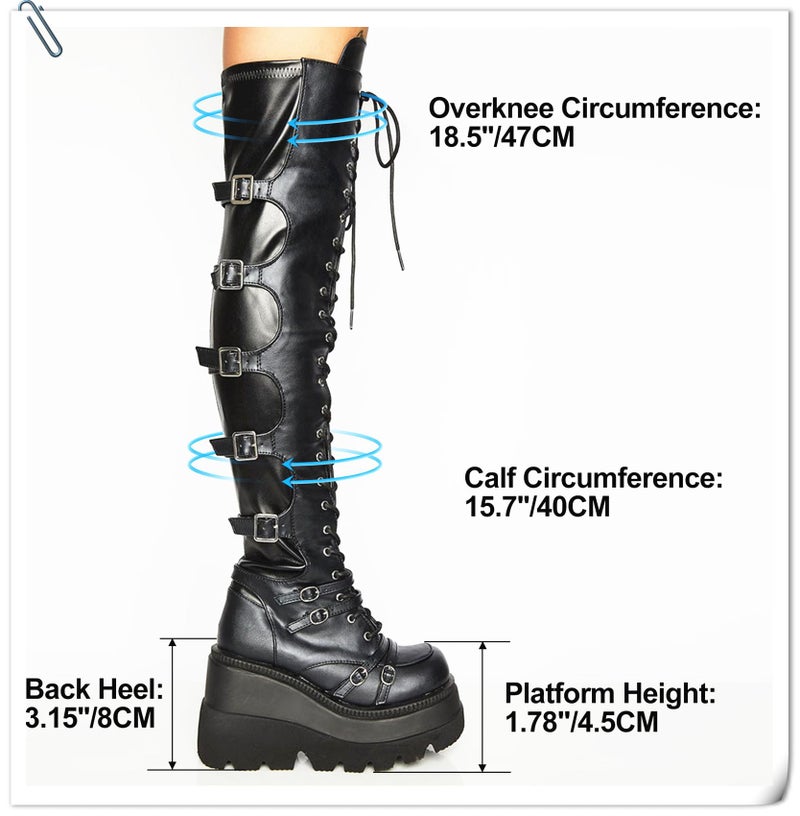 Gothniero Black Platform Boots Over Knee Thigh High Goth Boots for Women Chunky Heel Rave Motorcycle Boots with Buckles Side Zip Lace Boots Size5.5-10 - Image 5