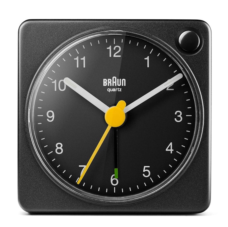 Braun Classic Travel Analogue Clock with Snooze and Light Compact Size Quiet Quartz Movement Crescendo Beep Alarm in Black Model BC02XB One - Image 1