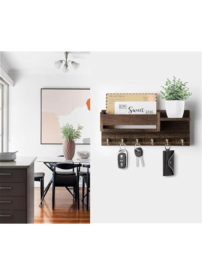 Key and Mail Holder For Wall, Mail Organizer Wall Mount with 6 Hooks and Storage Drawer, Wooden Key Hanger with Shelf for Living Room Decor, Easy Installation Key Rack ﻿ (Brown) - Image 3