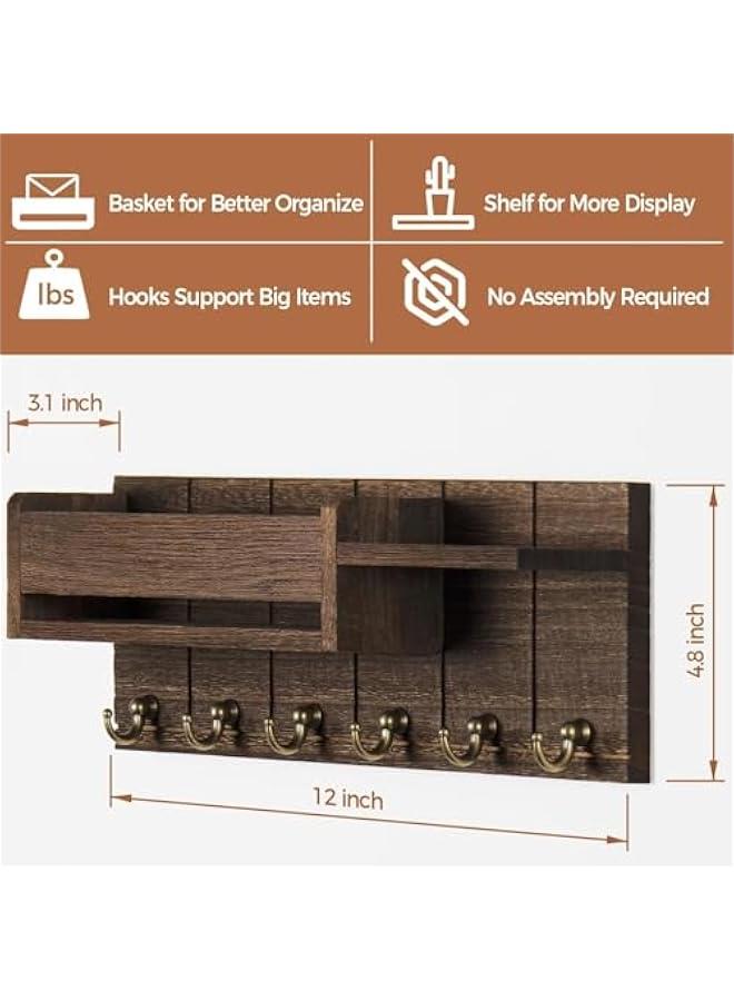 Key and Mail Holder For Wall, Mail Organizer Wall Mount with 6 Hooks and Storage Drawer, Wooden Key Hanger with Shelf for Living Room Decor, Easy Installation Key Rack ﻿ (Brown) - Image 4