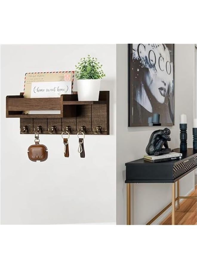 Key and Mail Holder For Wall, Mail Organizer Wall Mount with 6 Hooks and Storage Drawer, Wooden Key Hanger with Shelf for Living Room Decor, Easy Installation Key Rack ﻿ (Brown) - Image 5