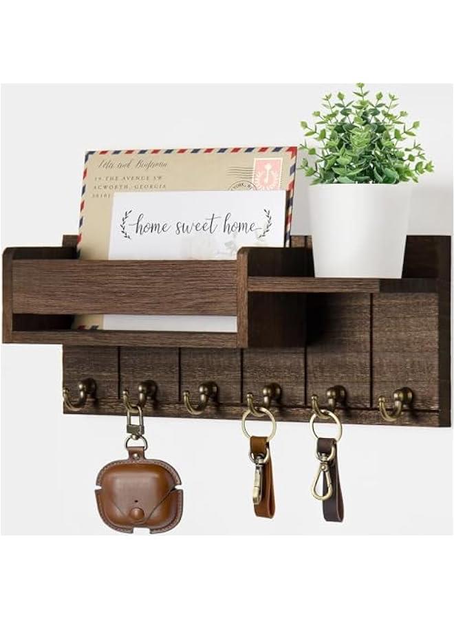 Key and Mail Holder For Wall, Mail Organizer Wall Mount with 6 Hooks and Storage Drawer, Wooden Key Hanger with Shelf for Living Room Decor, Easy Installation Key Rack ﻿ (Brown) - Image 1
