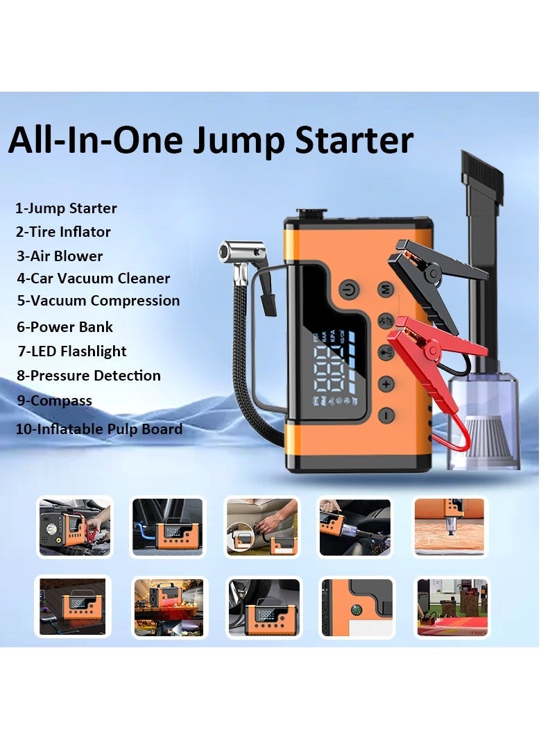 8-in-1 3000A Peak Car Jump Starter with 150PSI Air Compressor & 7000Pa Vacuum Cleaner | 37,000mWh Portable Power Bank with LED Flashlight, SOS & Strobe | Emergency Jump Starter for 12V Cars, SUVs, Trucks, Motorcycles | Smart Tire Inflator, Vacuum & Blower | All-in-One Roadside Safety Kit for Car, Camping & Outdoor Adventures | Fast Charging USB/Type-C Outputs | Compact, Durable, Multi-Functional Power Station with 10-Layer Protection & CE/FCC/ROHS/UN38.3 Certifications