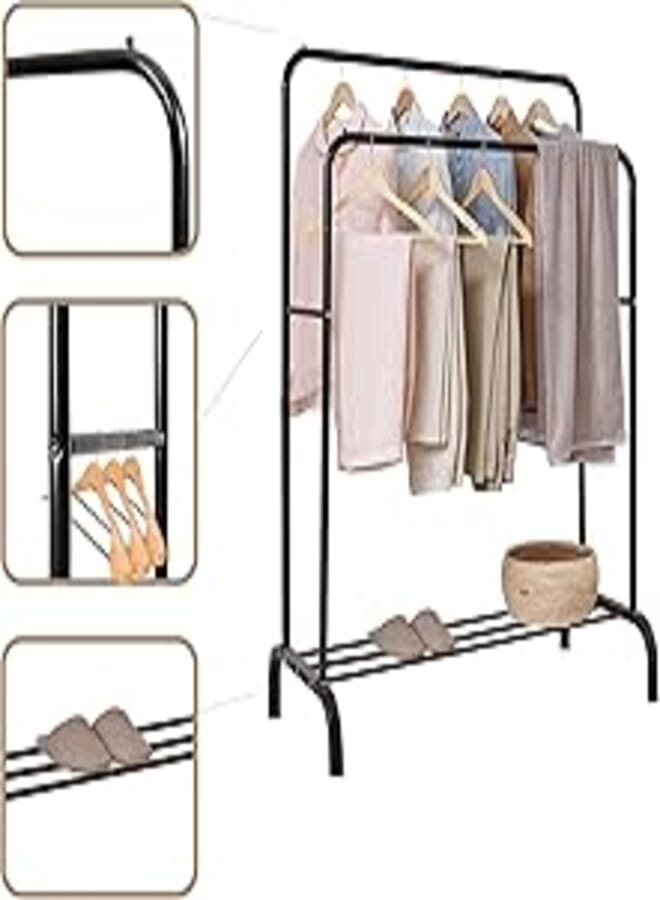 Versatile Clothes Stand with Wheels for Movability, 150 x 110 x 40 cm, Black, Includes Shoe Rack and Accessories - Generic 