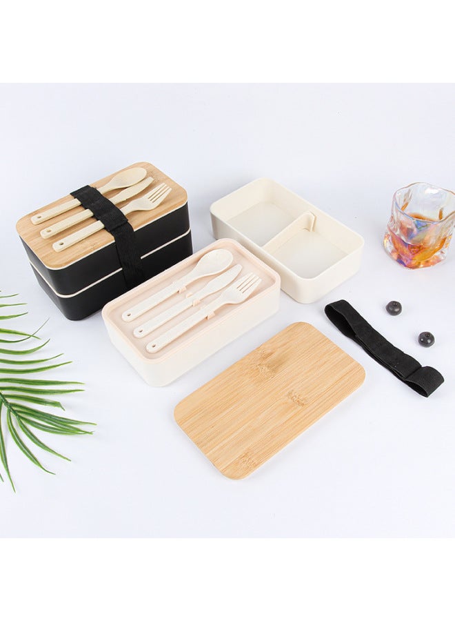 Wheat Straw Lunch Box Double Lunch Box For Office Workers Large Capacity Sealed Insulation Box With Tableware Split Lunch Box-Specifications:Single Layer Black Model  - Image 4