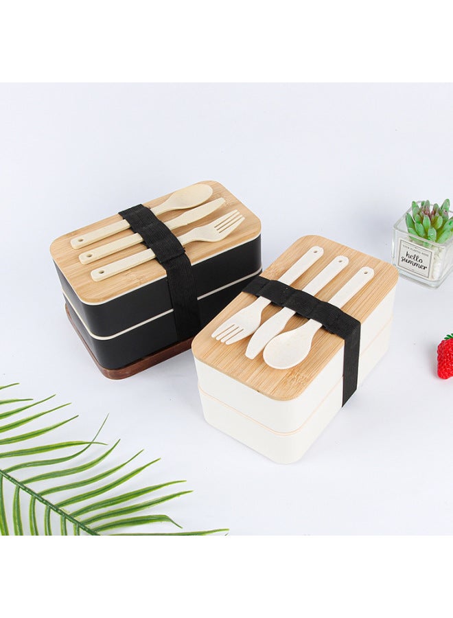 Wheat Straw Lunch Box Double Lunch Box For Office Workers Large Capacity Sealed Insulation Box With Tableware Split Lunch Box-Specifications:Single Layer Black Model  - Image 5