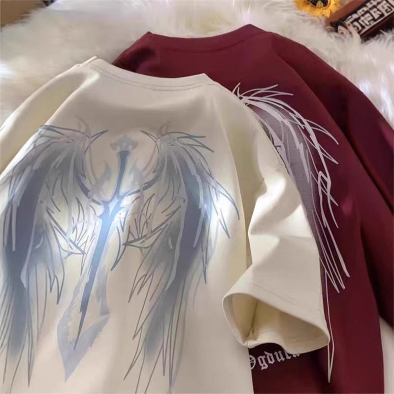 Vibe American-Style High Street Short-Sleeved T-Shirt Men'S Summer Retro Design Sense Big Wings Round Neck Half-Sleeved Couple Top - Image 2