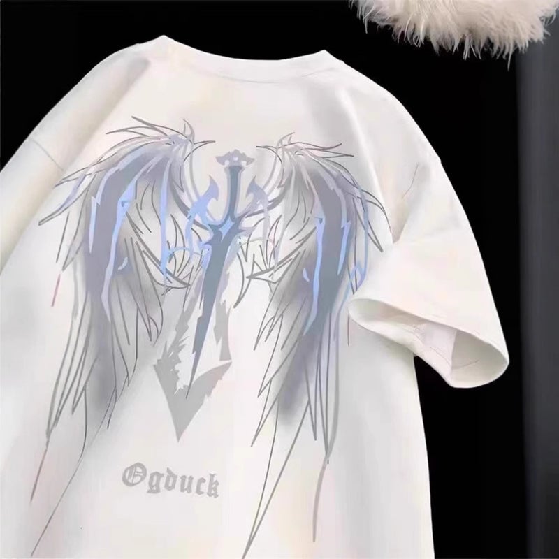 Vibe American-Style High Street Short-Sleeved T-Shirt Men'S Summer Retro Design Sense Big Wings Round Neck Half-Sleeved Couple Top - Image 3