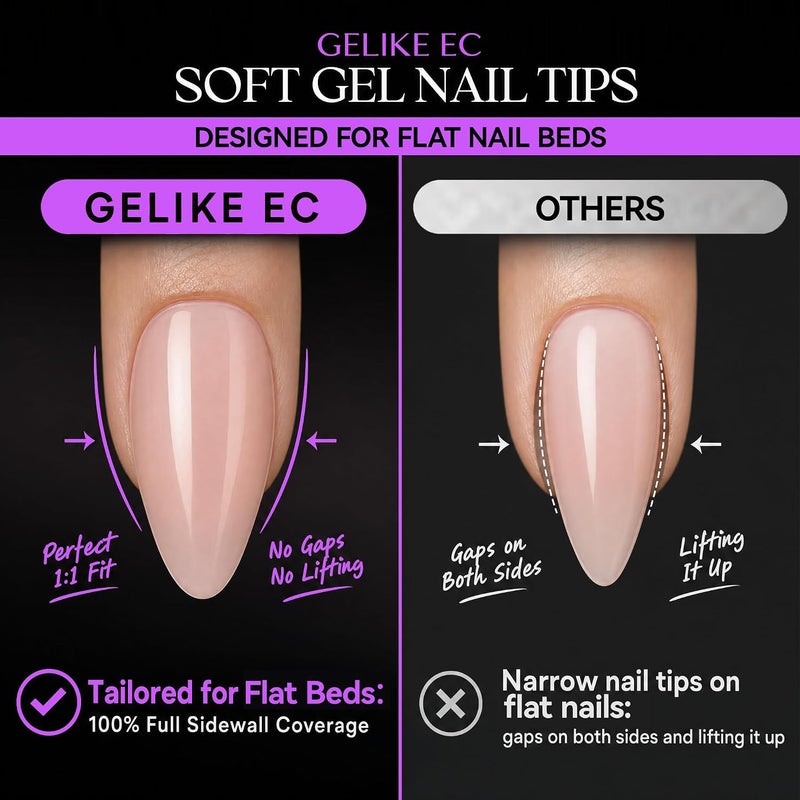 gelike ec Nail Tips for Flat Beds: 240Pcs Medium Almond Soft Gel Full Cover Pre-etched Seamless Half Matte PMMA False Nails for Extensions, No-Lift Press On Tips for Dates & Events, 12 Sizes - Image 2