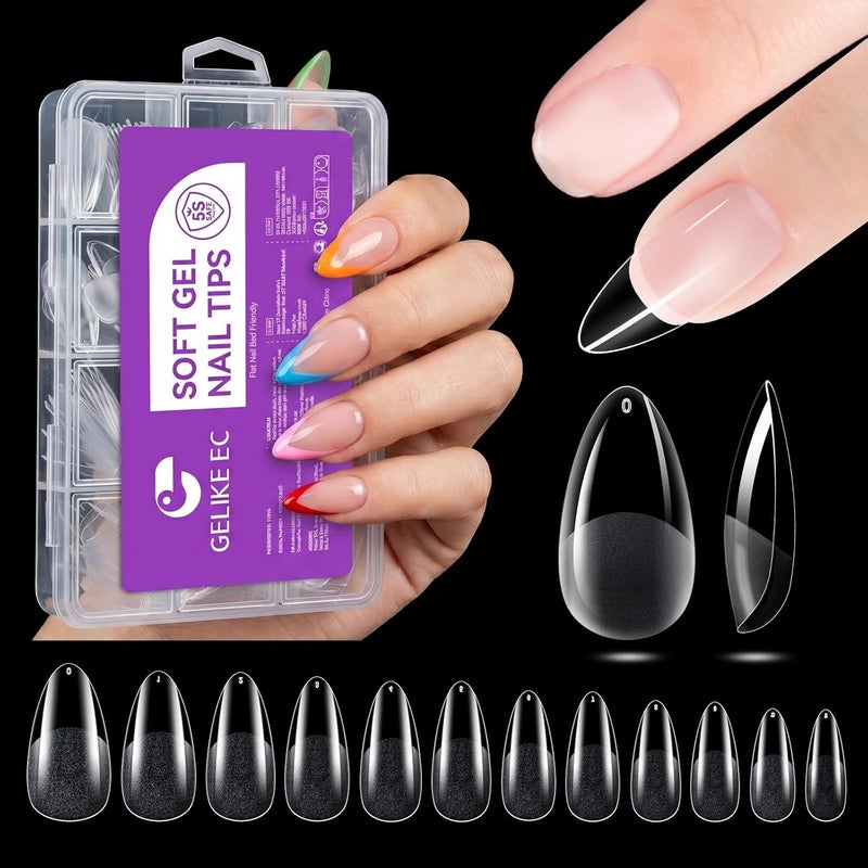gelike ec Nail Tips for Flat Beds: 240Pcs Medium Almond Soft Gel Full Cover Pre-etched Seamless Half Matte PMMA False Nails for Extensions, No-Lift Press On Tips for Dates & Events, 12 Sizes - Image 1