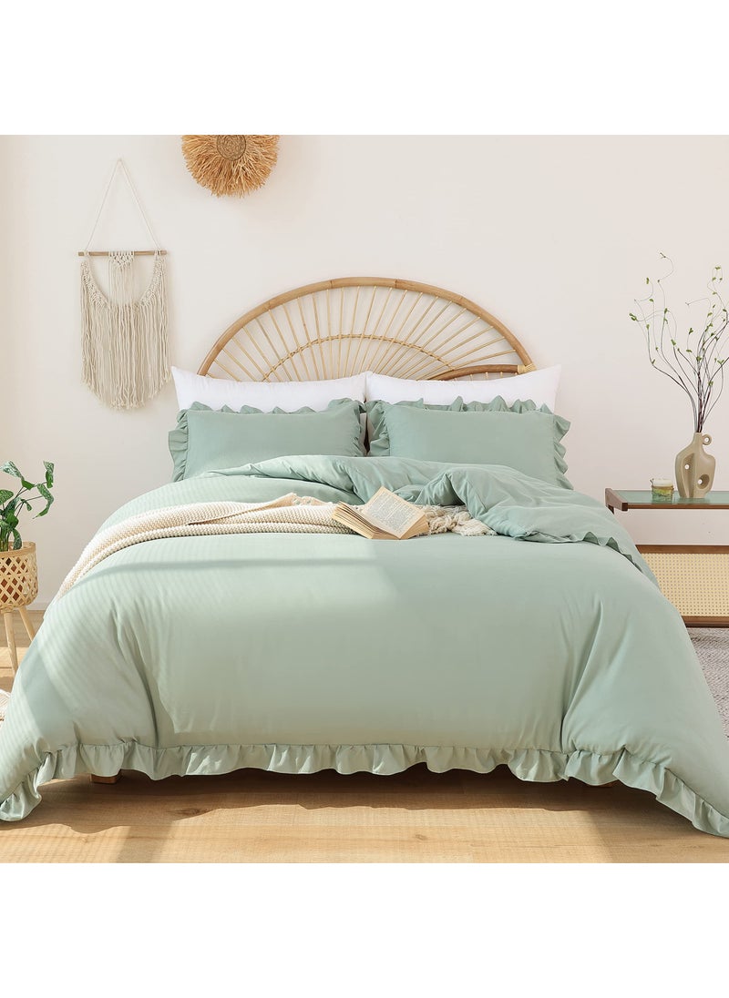 JANZAA JANZAA Full Size Comforter Sage Green 3PCS 1 Ruffled Comforter Set and 2 Pillow Cases Fluffy Vintage Farmhouse Shabby Chic Bedding Soft All Season 