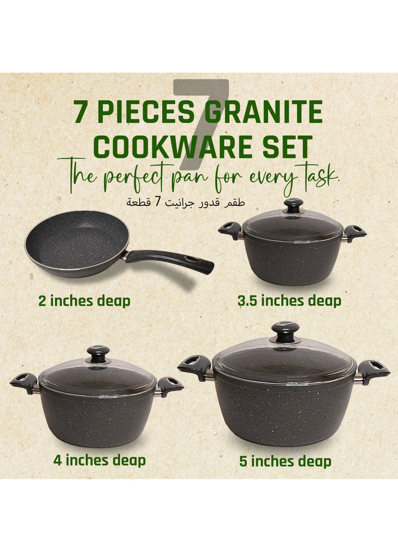 Al-Nokhba Granite Stone Cookware Set, 7-Piece Pots and Pans Non-Stick Set, Includes 3 Lids, 1 Frying Pan, 3 Pots - Scratch-Resistant & Heat-Efficient - Perfect Essentials for Your Kitchen Cooking