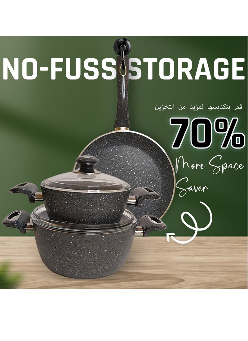 Al-Nokhba Granite Stone Cookware Set, 7-Piece Pots and Pans Non-Stick Set, Includes 3 Lids, 1 Frying Pan, 3 Pots - Scratch-Resistant & Heat-Efficient - Perfect Essentials for Your Kitchen Cooking