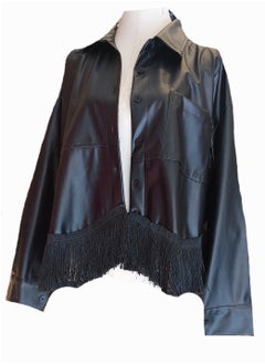 Generic Women leather  fringed oversized asymmetrical black shirt buttoned jacket  - Image 1