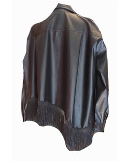 Generic Women leather  fringed oversized asymmetrical black shirt buttoned jacket  - Image 2
