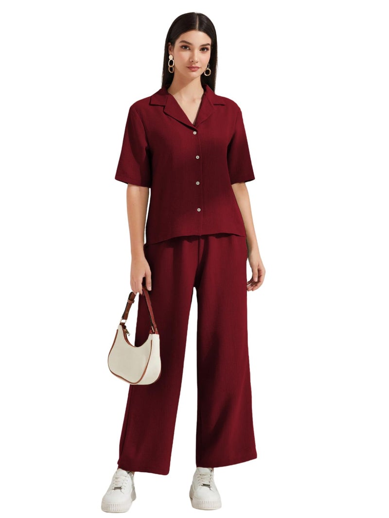 TOPLOT Women's Co-ord Set | Short Sleeve Top & Bottom | Stylish Matching Set | Comfortable Fit Wear | Trendy Look Styling | Easy Movement | Perfect for Casual (5232_S_Maroon) - Image 1
