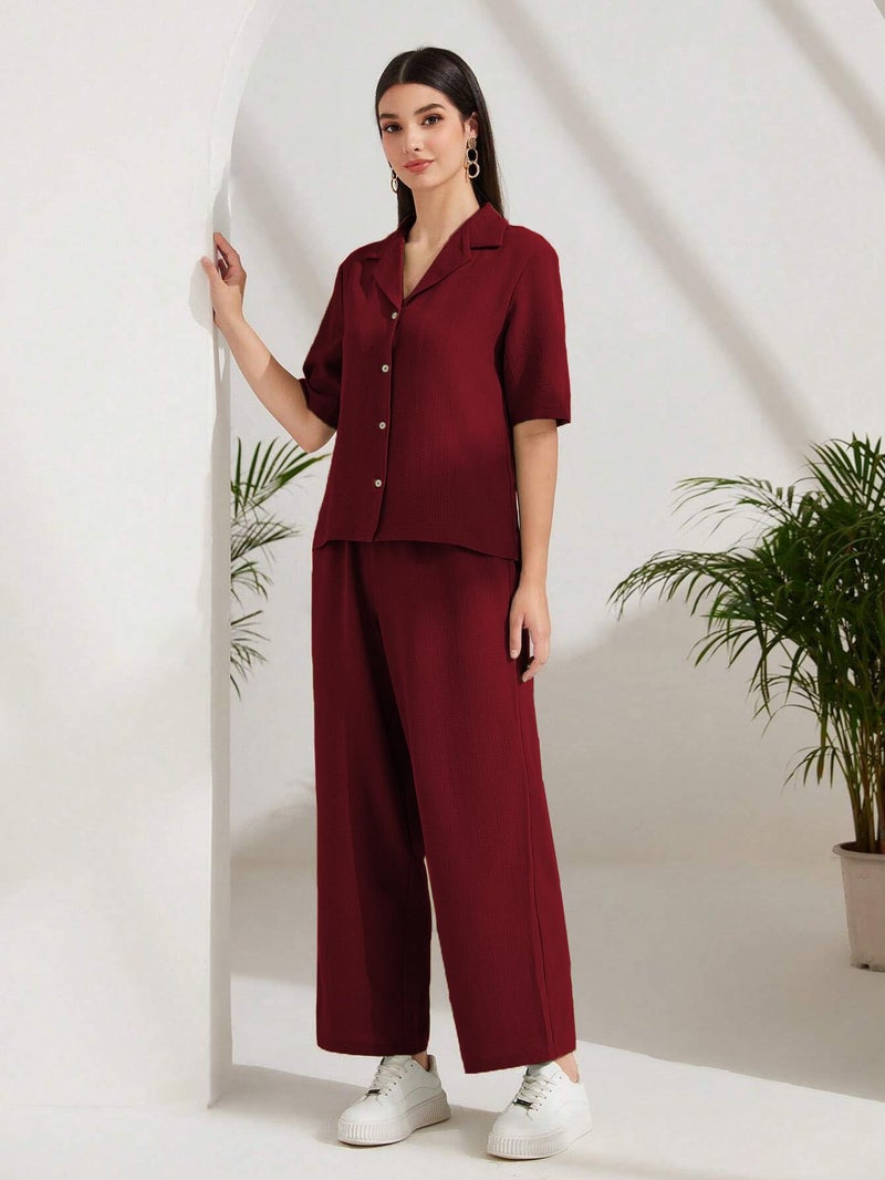 TOPLOT Women's Co-ord Set | Short Sleeve Top & Bottom | Stylish Matching Set | Comfortable Fit Wear | Trendy Look Styling | Easy Movement | Perfect for Casual (5232_S_Maroon) - Image 2