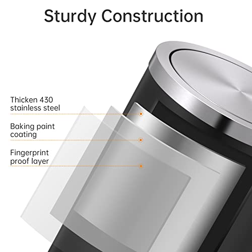 Mbillion Small Trash Can with Swing Lid 2.4 Gallons/9 Liter, Mini Trash Can with lid, Stainless Steel Cylindrical Garbage Can for Home and Office Bathroom Bedroom, for Ground and Desktop(Black) - Image 5