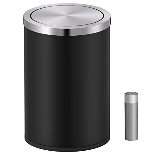 Mbillion Small Trash Can with Swing Lid 2.4 Gallons/9 Liter, Mini Trash Can with lid, Stainless Steel Cylindrical Garbage Can for Home and Office Bathroom Bedroom, for Ground and Desktop(Black) - Image 1
