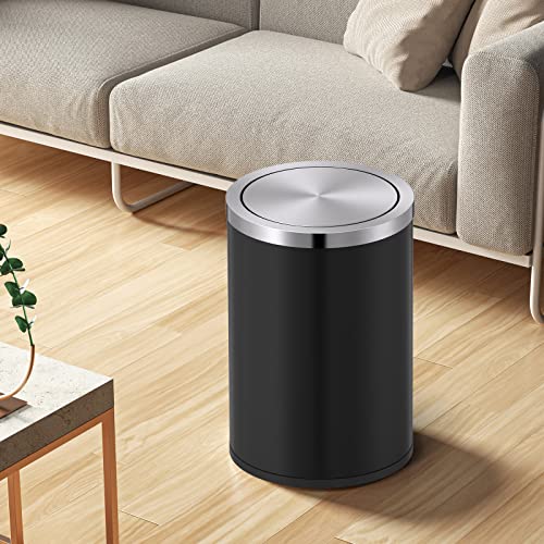 Mbillion Small Trash Can with Swing Lid 2.4 Gallons/9 Liter, Mini Trash Can with lid, Stainless Steel Cylindrical Garbage Can for Home and Office Bathroom Bedroom, for Ground and Desktop(Black) - Image 2