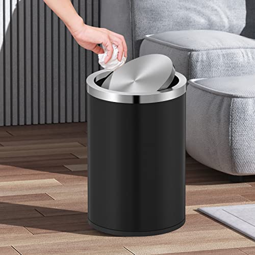 Mbillion Small Trash Can with Swing Lid 2.4 Gallons/9 Liter, Mini Trash Can with lid, Stainless Steel Cylindrical Garbage Can for Home and Office Bathroom Bedroom, for Ground and Desktop(Black) - Image 3