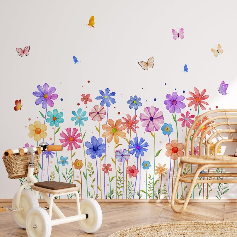 Incholl 3 Pieces Colorful Flowers Wall Decals Vinyl Colorful Flowers Wall Stickers Removable Floral Art Murals Peel and Stick Colorful Decor for Girls Bedroom Living Room Nursery - Image 1