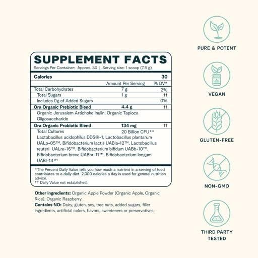 Ora Organic مكمل مسحوق أورا العضوي للبريبايوتيك والبروبايوتيك 20 مليار بروبايوتيك 7 سلالات لأفضل مسحوق بريبايوتيك بروبايوتيك غير معدلة وراثيًا للنساء والرجال والأطفال بنكهة التفاح والتوت 30 حصة - Image 3