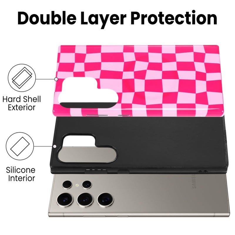 SOKAD Magnetic Checkered Phone Case for Samsung Galaxy S23 Ultra, Cute Plaid Checkerboard Pattern Compatible with Magsafe Glossy Protective Case Cover with Screen Protector for Girls Women, Hot Pink - Image 3
