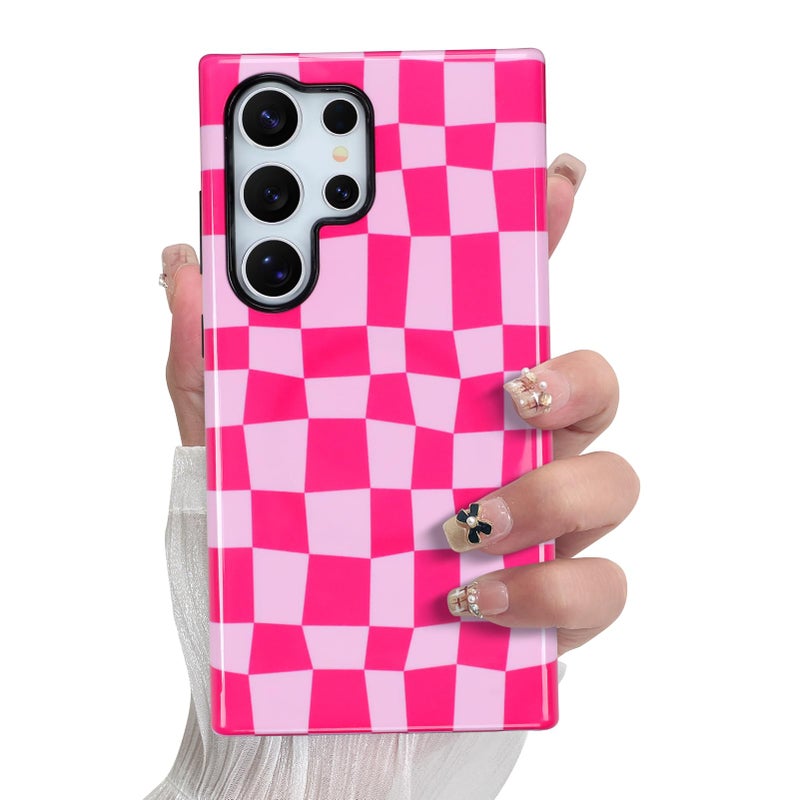 SOKAD Magnetic Checkered Phone Case for Samsung Galaxy S23 Ultra, Cute Plaid Checkerboard Pattern Compatible with Magsafe Glossy Protective Case Cover with Screen Protector for Girls Women, Hot Pink - Image 1