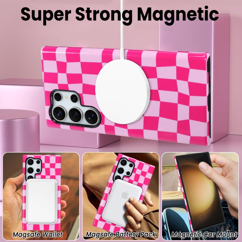 SOKAD Magnetic Checkered Phone Case for Samsung Galaxy S23 Ultra, Cute Plaid Checkerboard Pattern Compatible with Magsafe Glossy Protective Case Cover with Screen Protector for Girls Women, Hot Pink - Image 4