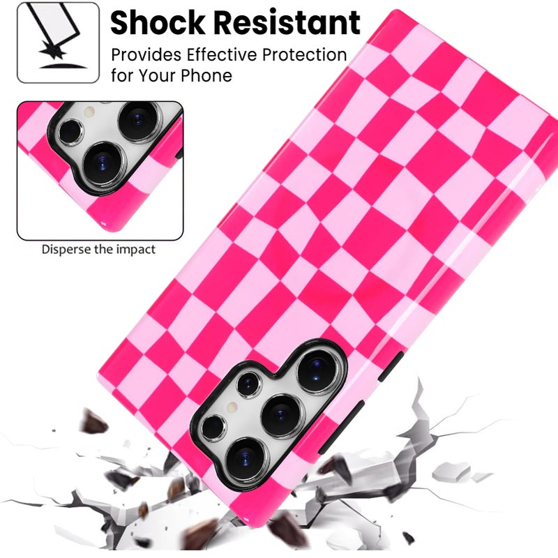 SOKAD Magnetic Checkered Phone Case for Samsung Galaxy S23 Ultra, Cute Plaid Checkerboard Pattern Compatible with Magsafe Glossy Protective Case Cover with Screen Protector for Girls Women, Hot Pink - Image 5