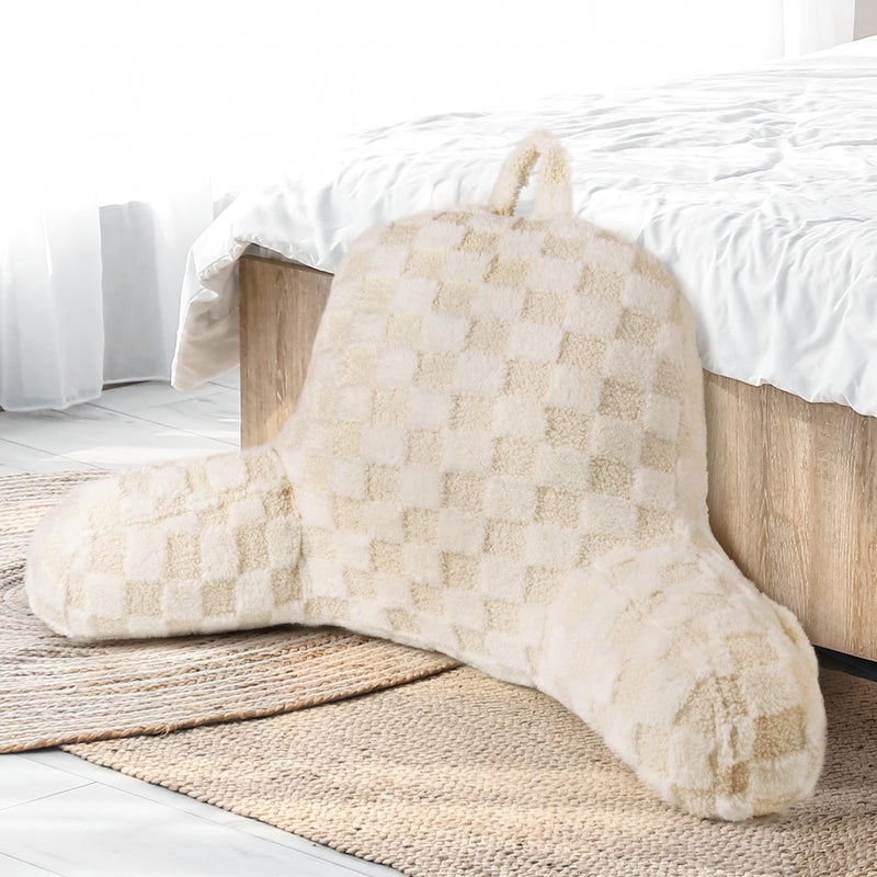 AELS Large Reading Pillow Replacement Cover with Arms and Pockets Cover ONLY 18 Soft Faux Fur Checkered Backrest Pillow Cover Fits Standard Size Reading Pillows Beige - Image 2