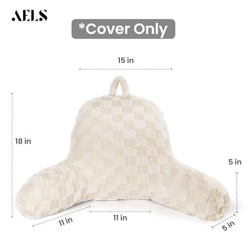 AELS Large Reading Pillow Replacement Cover with Arms and Pockets Cover ONLY 18 Soft Faux Fur Checkered Backrest Pillow Cover Fits Standard Size Reading Pillows Beige - Image 3
