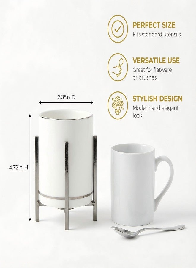 MONOSUGO Farmhouse Flatware Holder for Dinner Table, Kitchen Holder for Serving Utensils, Decorative Cutlery Utensil Holder for Kitchen or Parties, Cup with Silver Trim, 1 Pcs - Image 2
