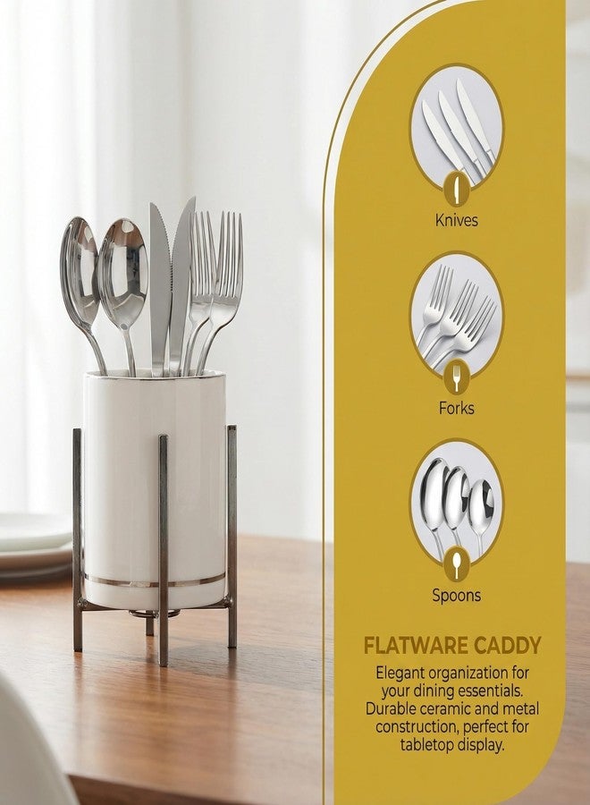 MONOSUGO Farmhouse Flatware Holder for Dinner Table, Kitchen Holder for Serving Utensils, Decorative Cutlery Utensil Holder for Kitchen or Parties, Cup with Silver Trim, 1 Pcs - Image 3