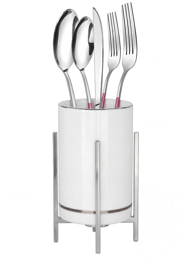 MONOSUGO Farmhouse Flatware Holder for Dinner Table, Kitchen Holder for Serving Utensils, Decorative Cutlery Utensil Holder for Kitchen or Parties, Cup with Silver Trim, 1 Pcs - Image 1