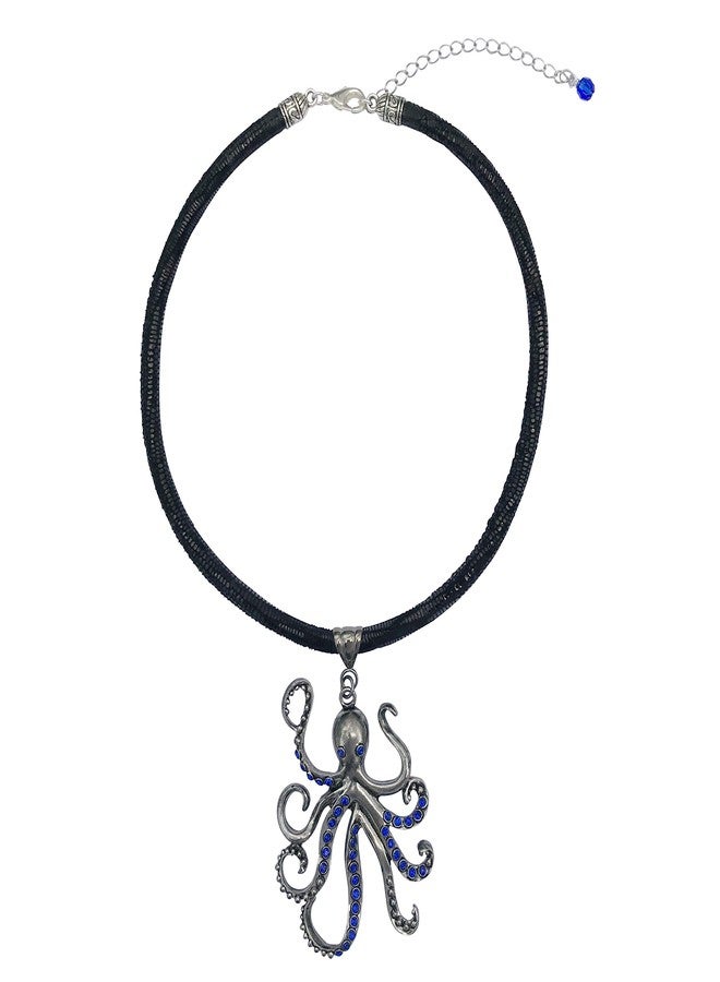 DragonWeave Large Pewter Octopus Pendant Choker Necklace with Blue CZ and Rhinestones on Thick Leather Cord - Image 2