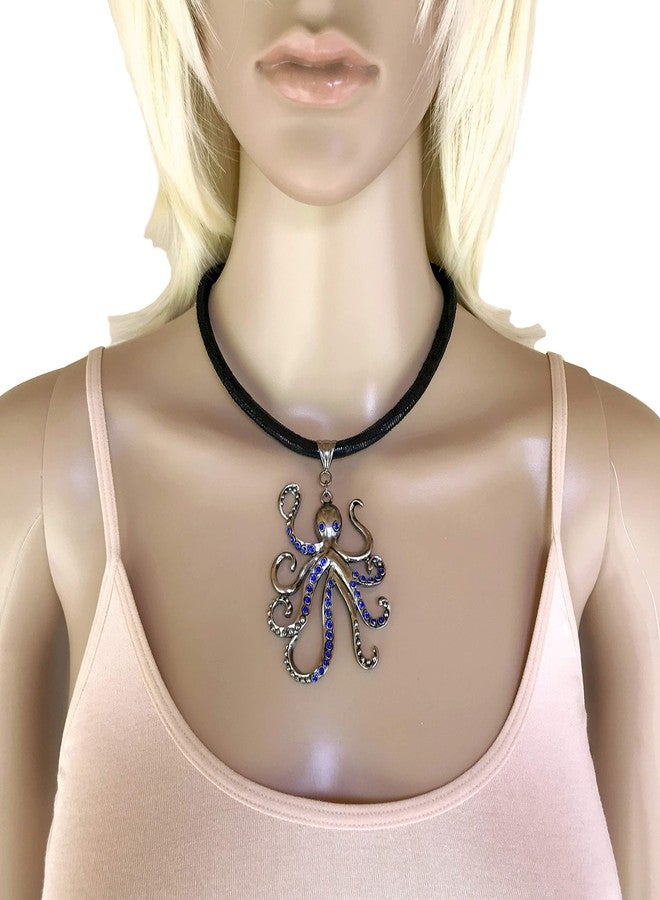 DragonWeave Large Pewter Octopus Pendant Choker Necklace with Blue CZ and Rhinestones on Thick Leather Cord - Image 3
