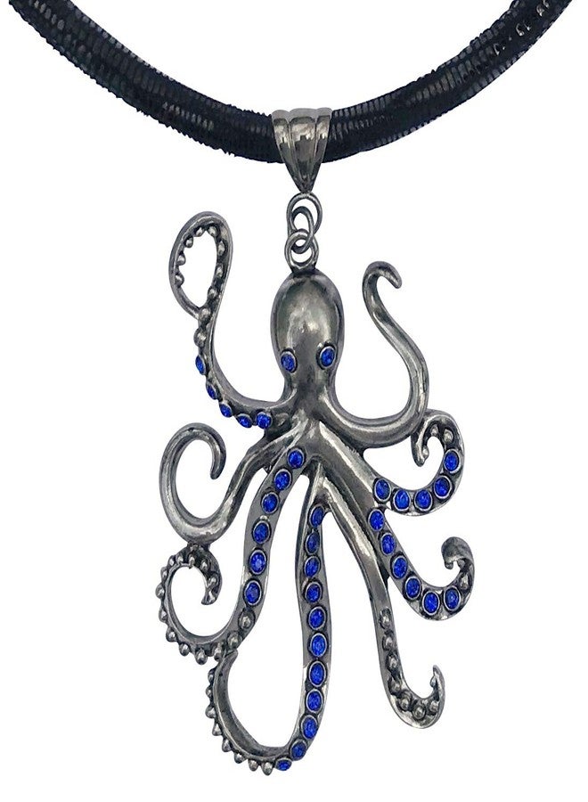 DragonWeave Large Pewter Octopus Pendant Choker Necklace with Blue CZ and Rhinestones on Thick Leather Cord - Image 1