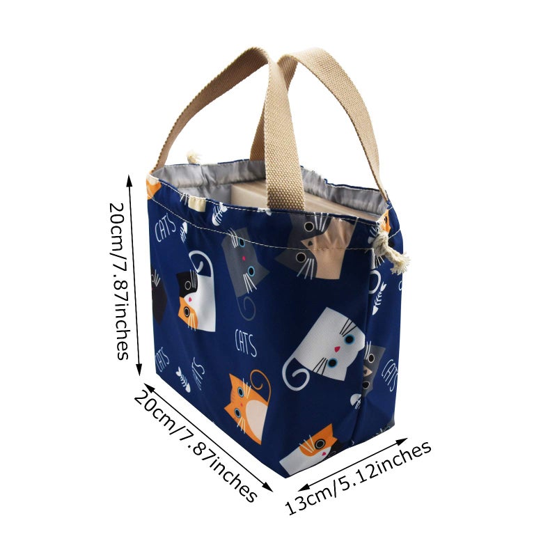 Enyuwlcm Mini Lunch Tote Pouch Reusable Small Cute Lunch Bag With Drawstring Suitable For Girls Women Cat Blue - Image 2