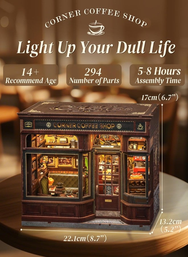 Cutefun Book Nook Kit - DIY Miniature Doll House Kit, Book Nook Kits for Adults, 3D Wooden Puzzle Bookend Bookshelf with LED Light for Cafe Crafts Lovers (Corner Coffee Shop) - Image 4