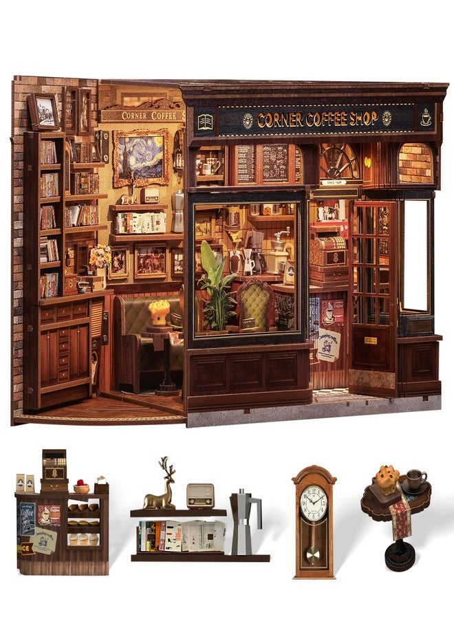 Cutefun Book Nook Kit - DIY Miniature Doll House Kit, Book Nook Kits for Adults, 3D Wooden Puzzle Bookend Bookshelf with LED Light for Cafe Crafts Lovers (Corner Coffee Shop) - Image 1